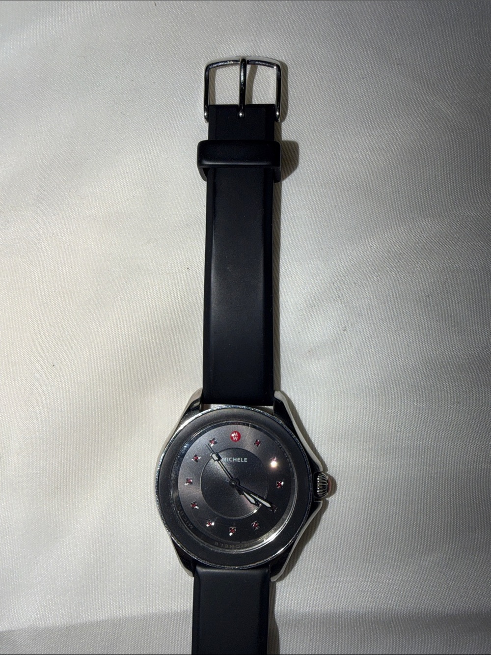 Michele Black Silicone Strap Watch with Dark Gray Dial and Red Accents